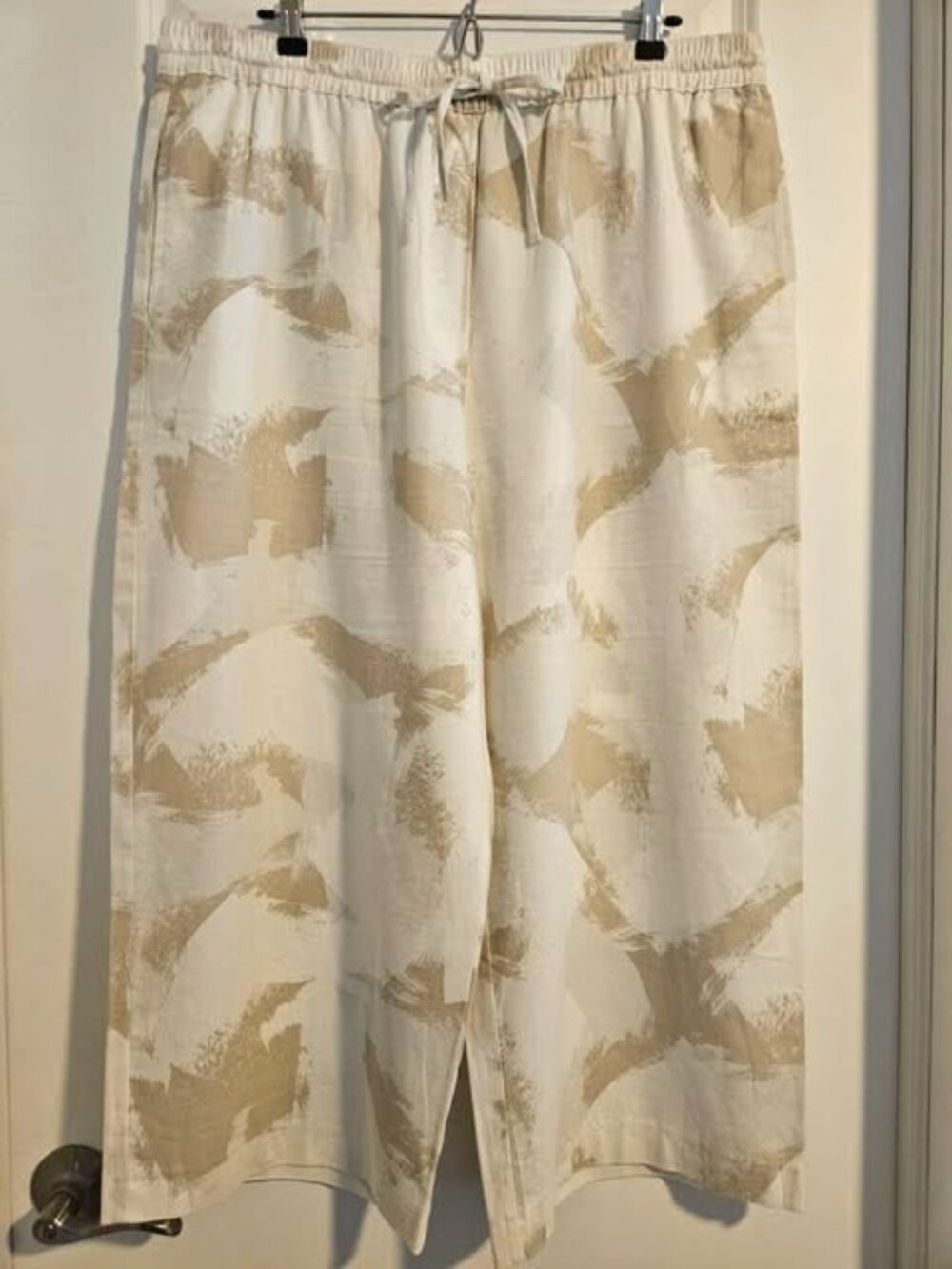 DKNY Linen Blend Wide Leg Pants Neutral Abstract Print XL